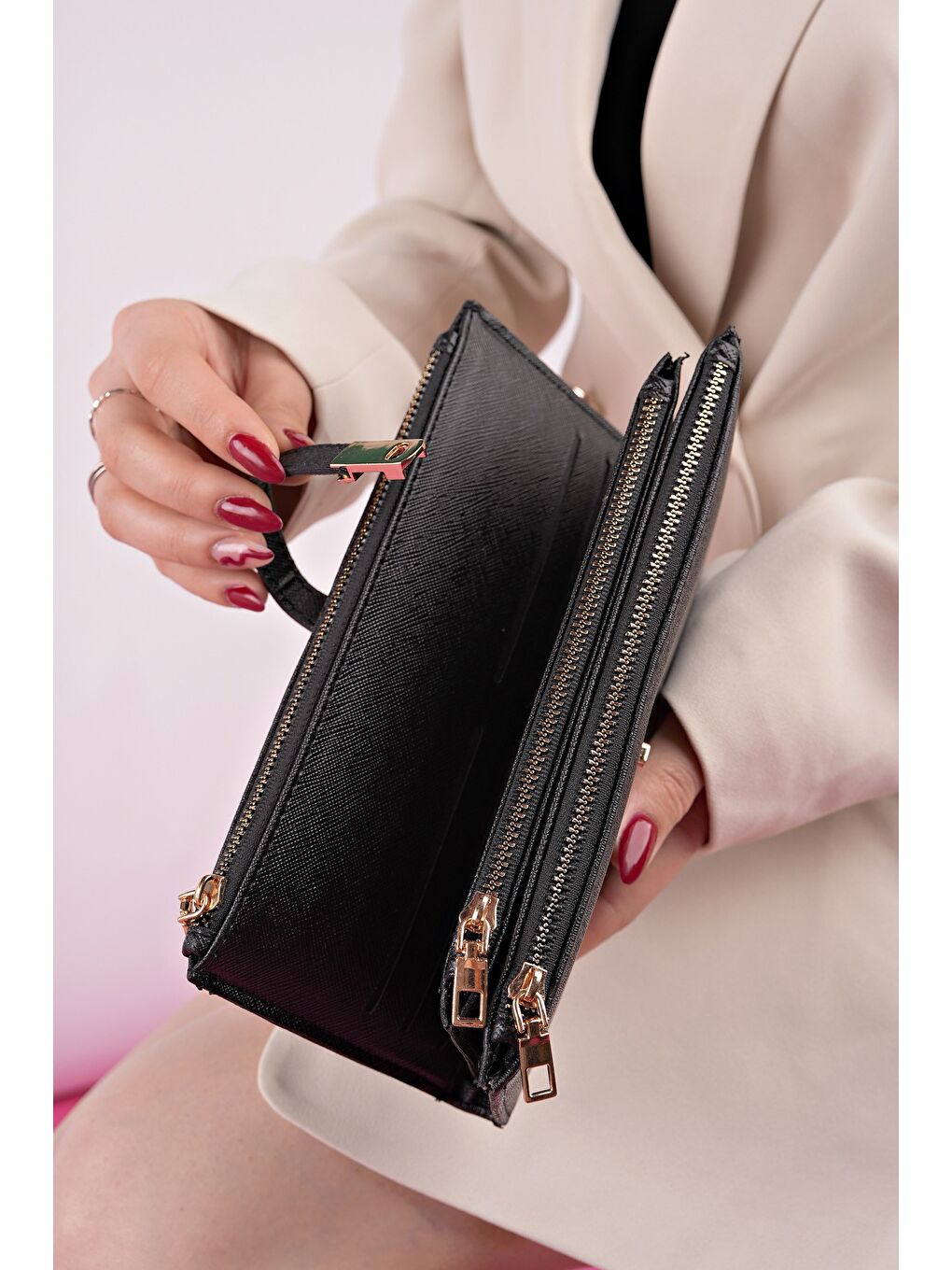 Siyah PERFECT Telefon ve Bozuk Para Bölmeli Zarf Model Kadın Cüzdan-2