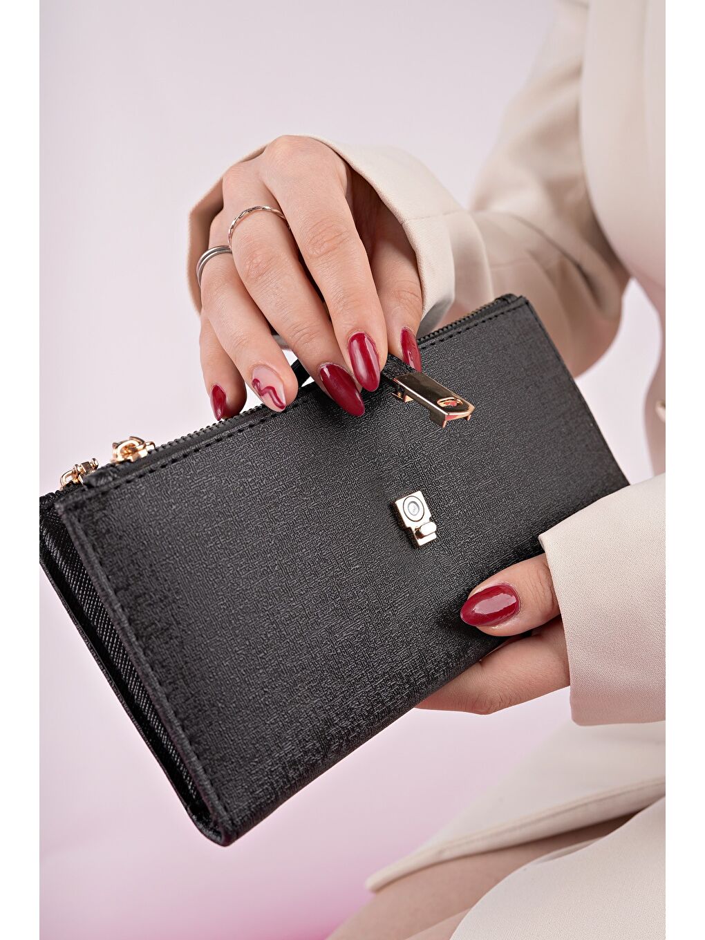 Siyah PERFECT Telefon ve Bozuk Para Bölmeli Zarf Model Kadın Cüzdan-3