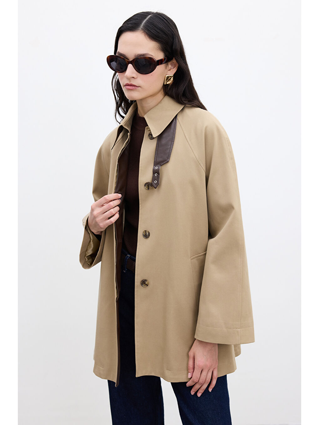 Kahverengi Pelerin Detaylı Trençkot Camel-5