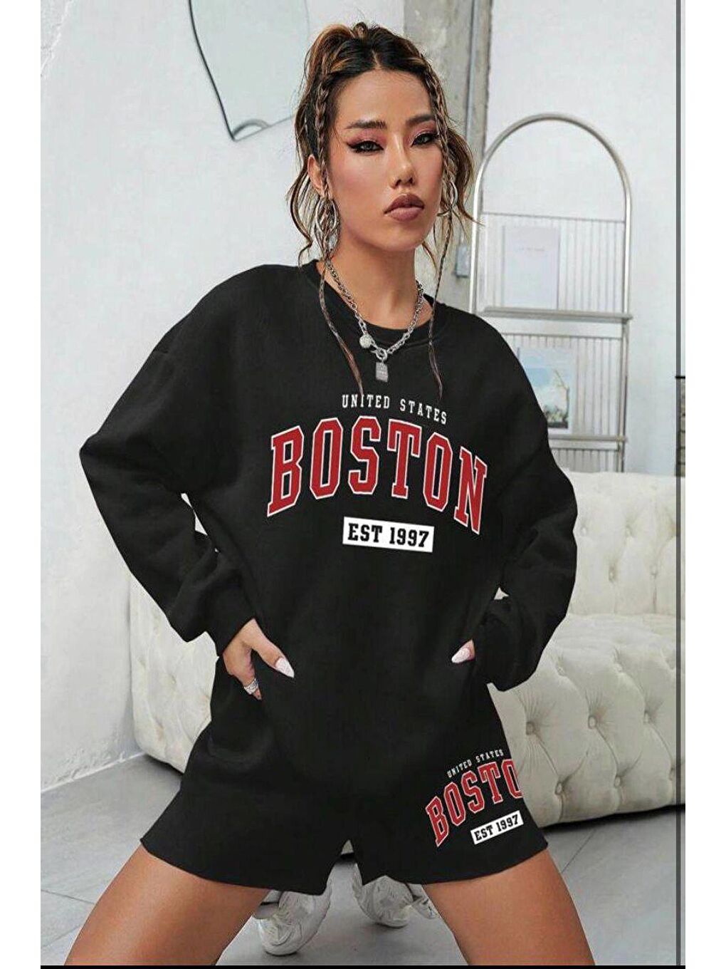 hazelin Siyah Kadın Siyah 3 İplik Şardonlu Boston Baskılı Şort Sweatshirt Alt Üst Takım HZL24W-FRY121221