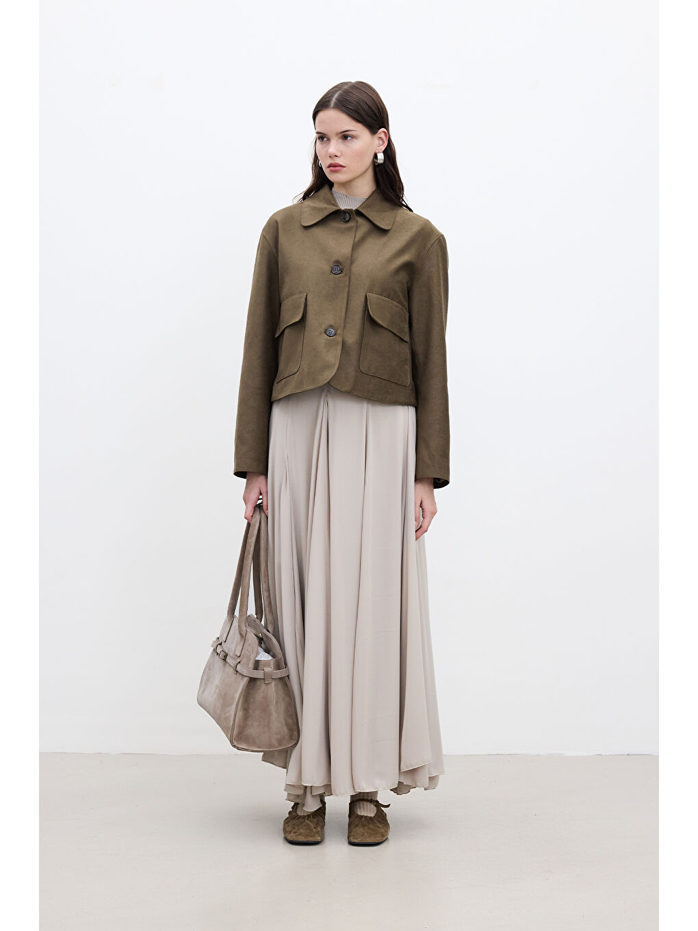 Suni Süet Kısa Ceket Haki