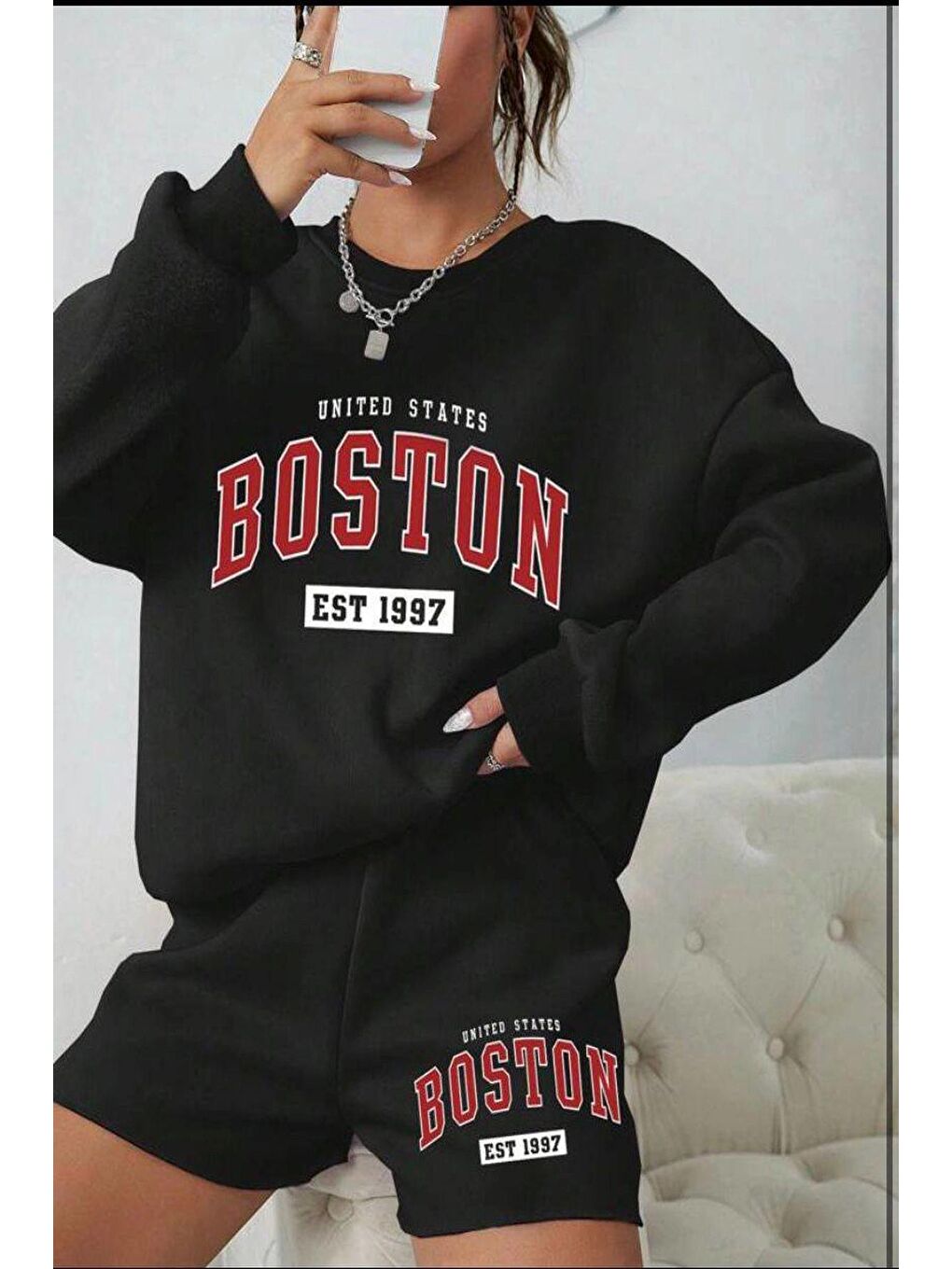 hazelin Siyah Kadın Siyah 3 İplik Şardonlu Boston Baskılı Şort Sweatshirt Alt Üst Takım HZL24W-FRY121221 - 2