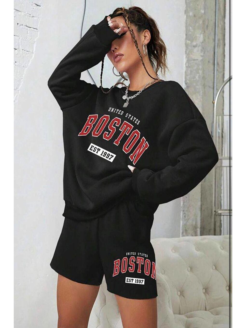 hazelin Siyah Kadın Siyah 3 İplik Şardonlu Boston Baskılı Şort Sweatshirt Alt Üst Takım HZL24W-FRY121221 - 3