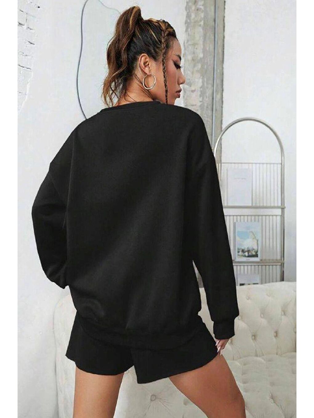 hazelin Siyah Kadın Siyah 3 İplik Şardonlu Boston Baskılı Şort Sweatshirt Alt Üst Takım HZL24W-FRY121221 - 4