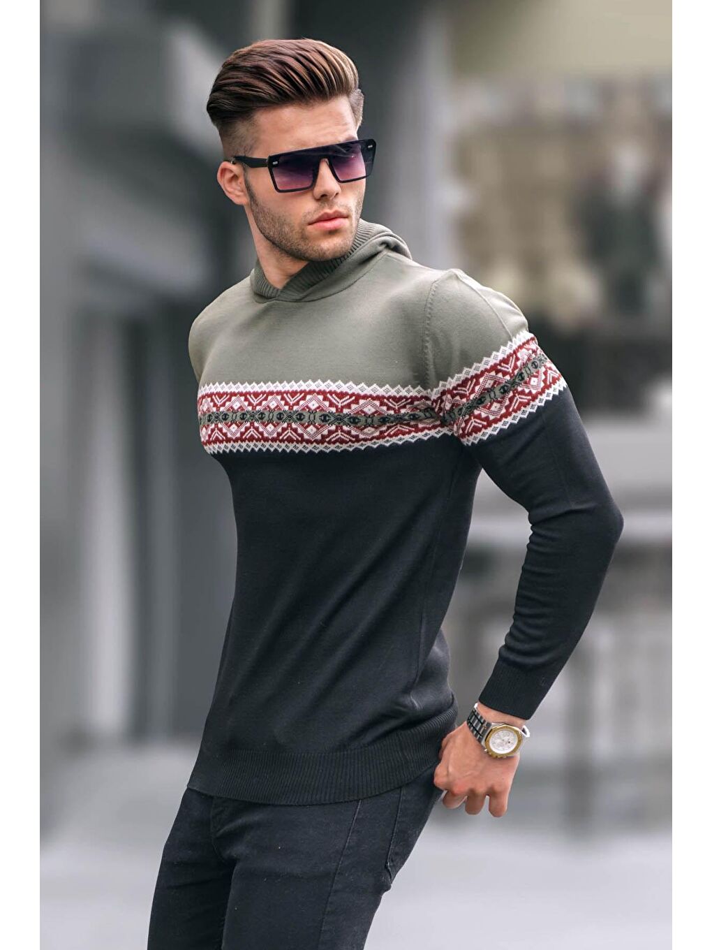 Haki Kapüşonlu Erkek Kazak 5624