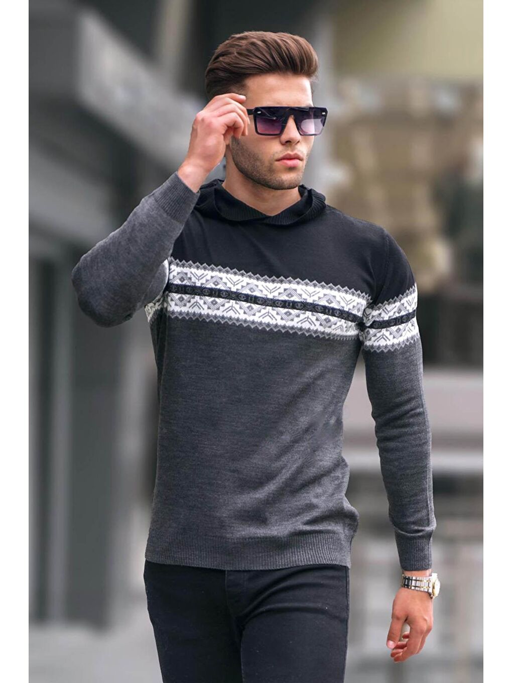 Siyah Kapüşonlu Erkek Kazak 5624