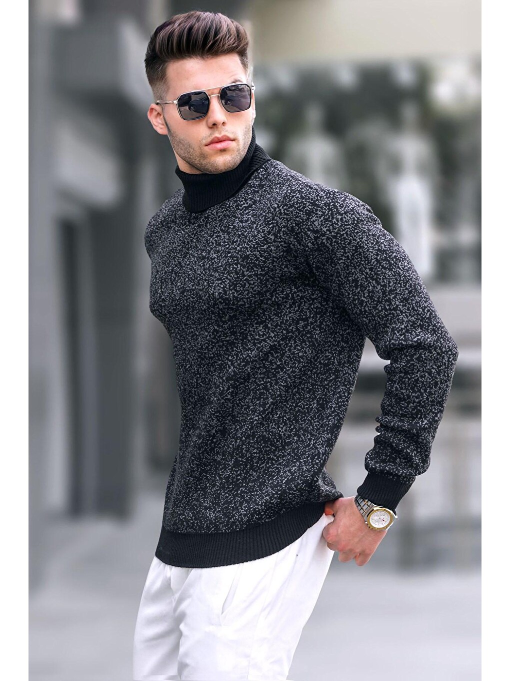 Siyah Desenli Balıkçı Yaka Triko Kazak 5765