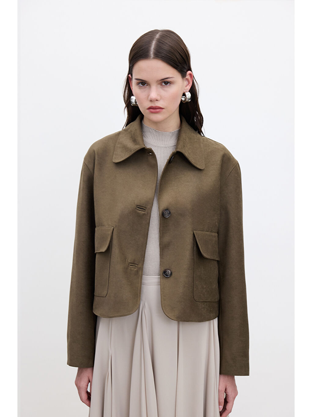 Suni Süet Kısa Ceket Haki-4