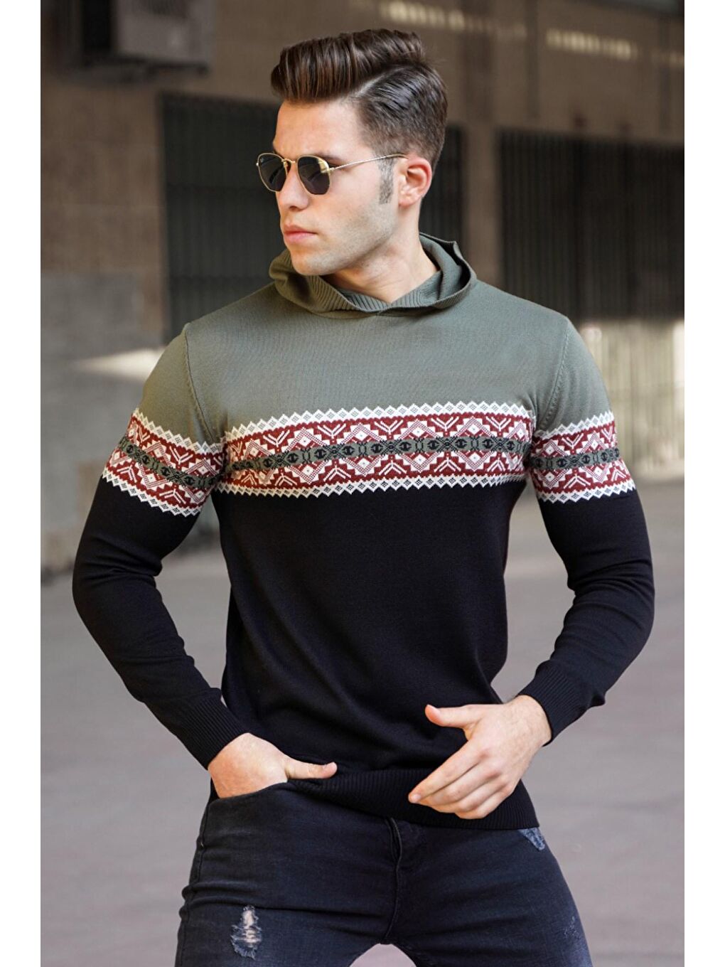 Haki Kapüşonlu Erkek Kazak 5624-1