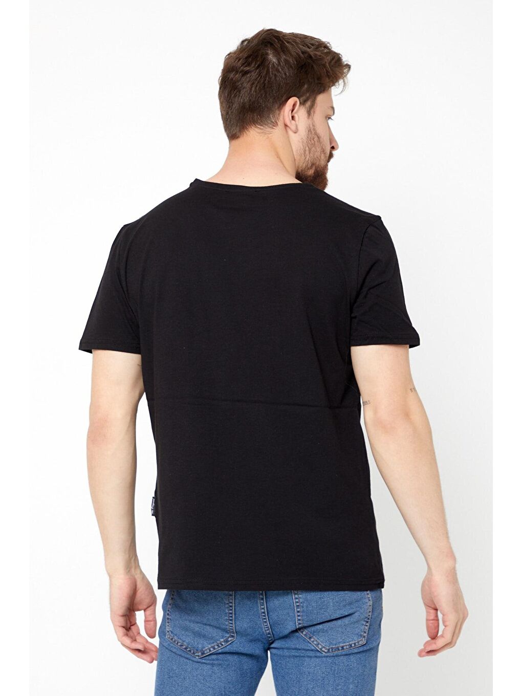 Siyah Erkek Pamuklu Kısa Kollu V Yaka %100 Pamuk Tişört-2