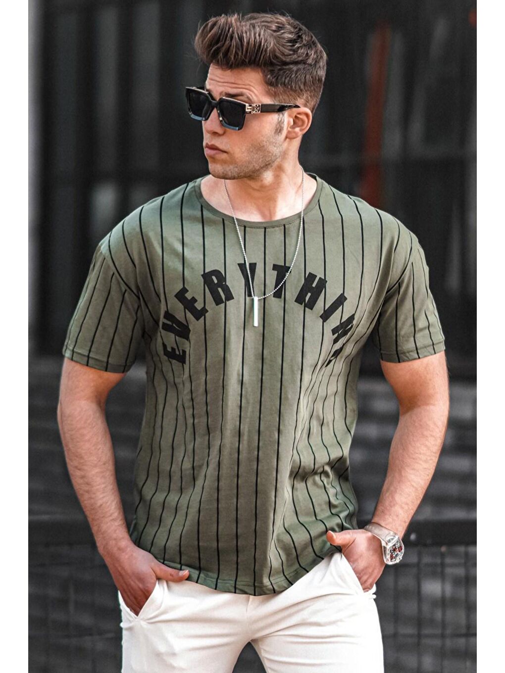 Çizgili Baskılı Haki Tişört 3007