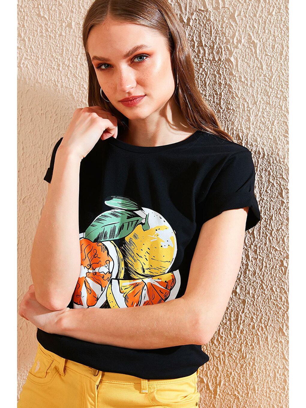 Siyah Baskılı Bisiklet Yaka % 100 Pamuk T Shirt 6001018