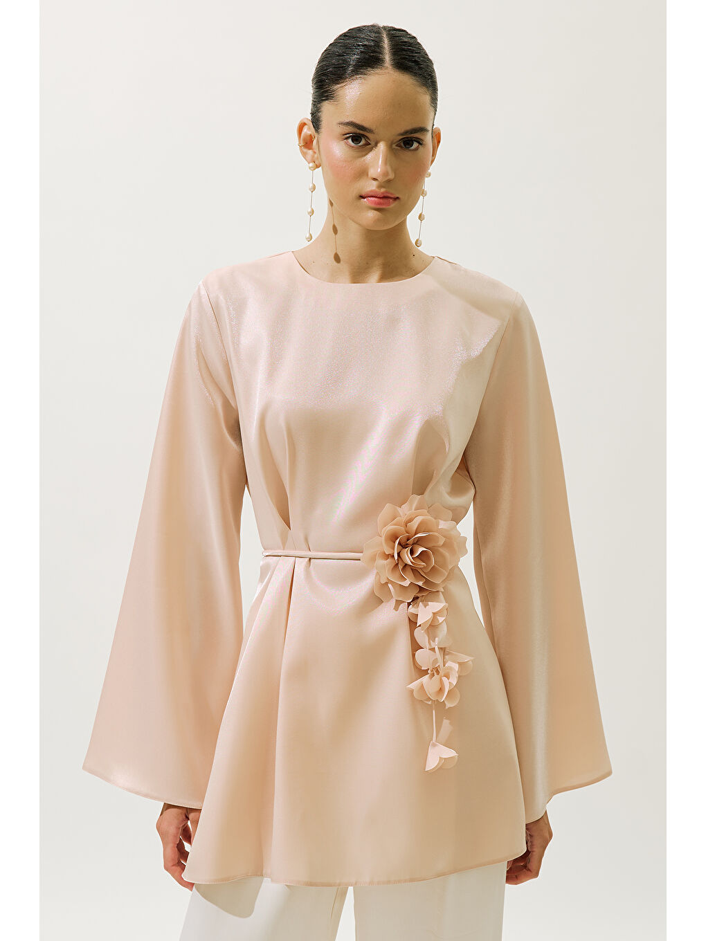 Pembe Hana Organze Bluz Pudra