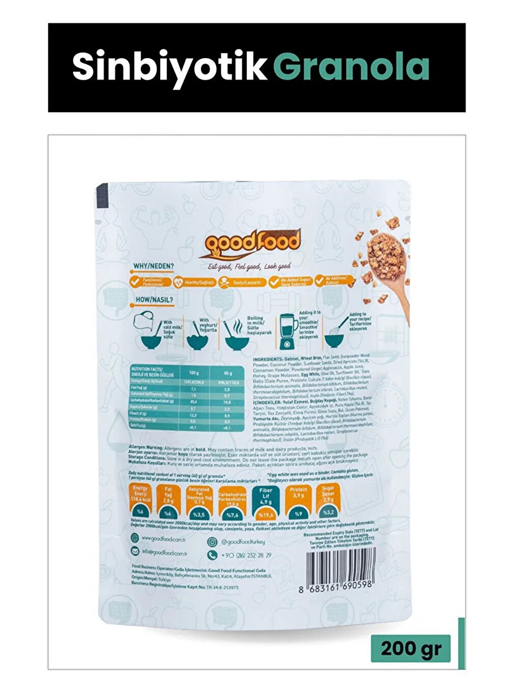 Good Food Probiyotik & Prebiyotik Granola, Kayısı, Keten Tohumu, Kayısı ve Hurma Barı Parçacıklı, 200 g - 2