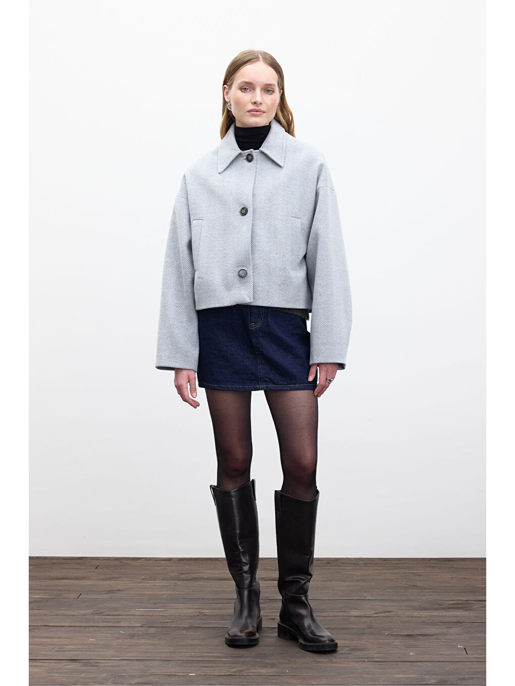 Desenli Kısa Kaşe Kaban Gri-1