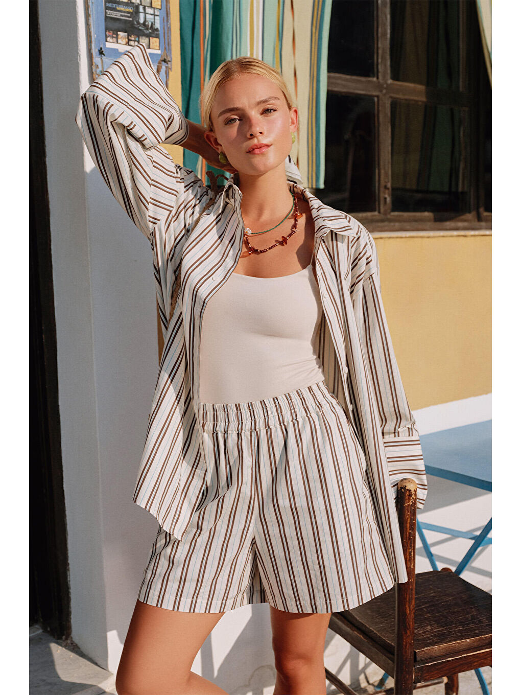 Çizgili Pamuklu Şort Bej Çizgi