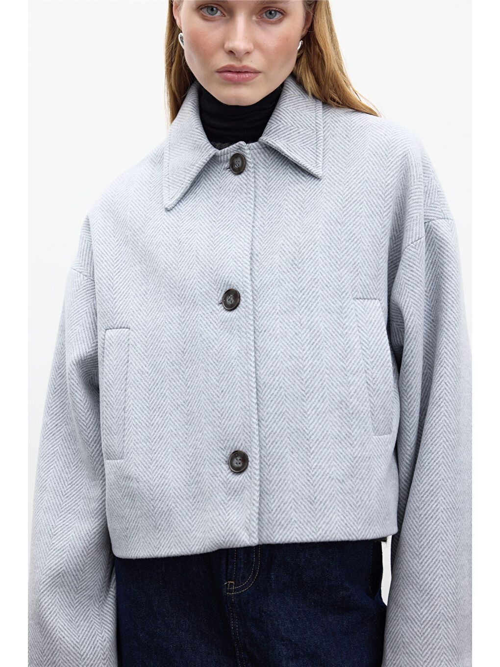 Desenli Kısa Kaşe Kaban Gri-2