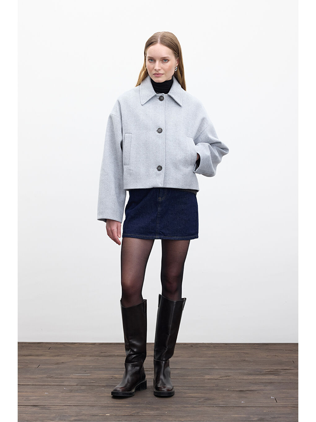 Desenli Kısa Kaşe Kaban Gri-3