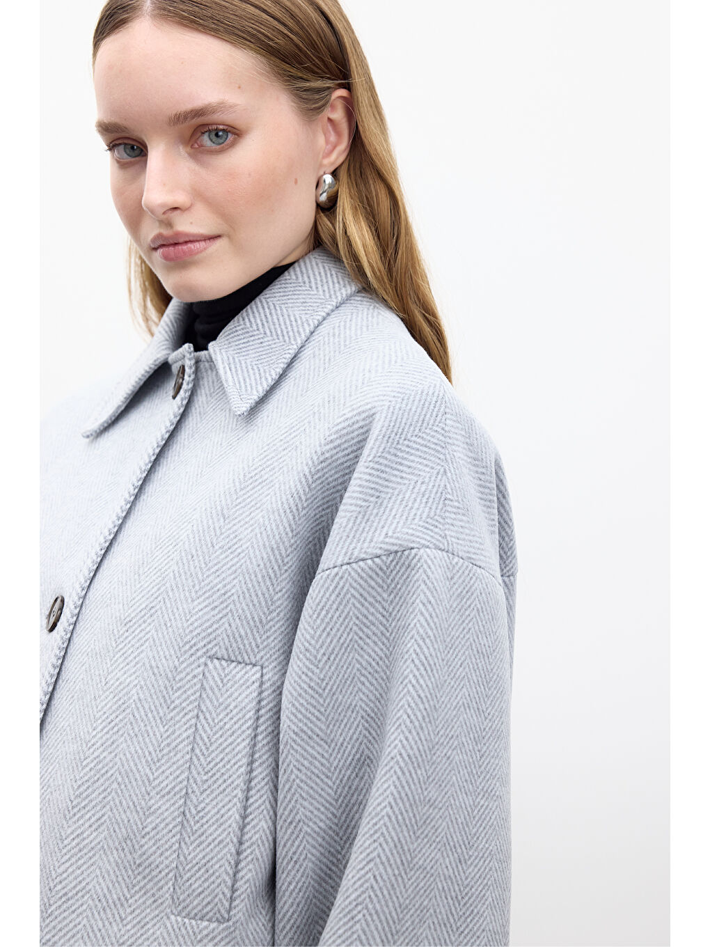 Desenli Kısa Kaşe Kaban Gri-4