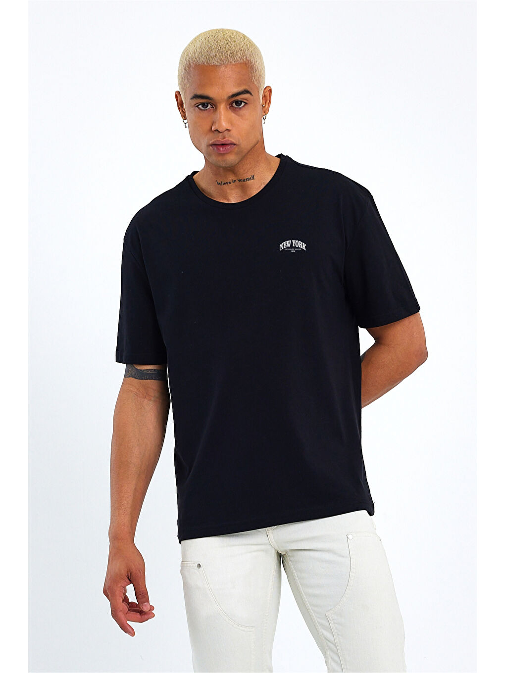 Siyah Erkek Bisiklet Yaka New York Baskılı Tshirt SPR25TS29