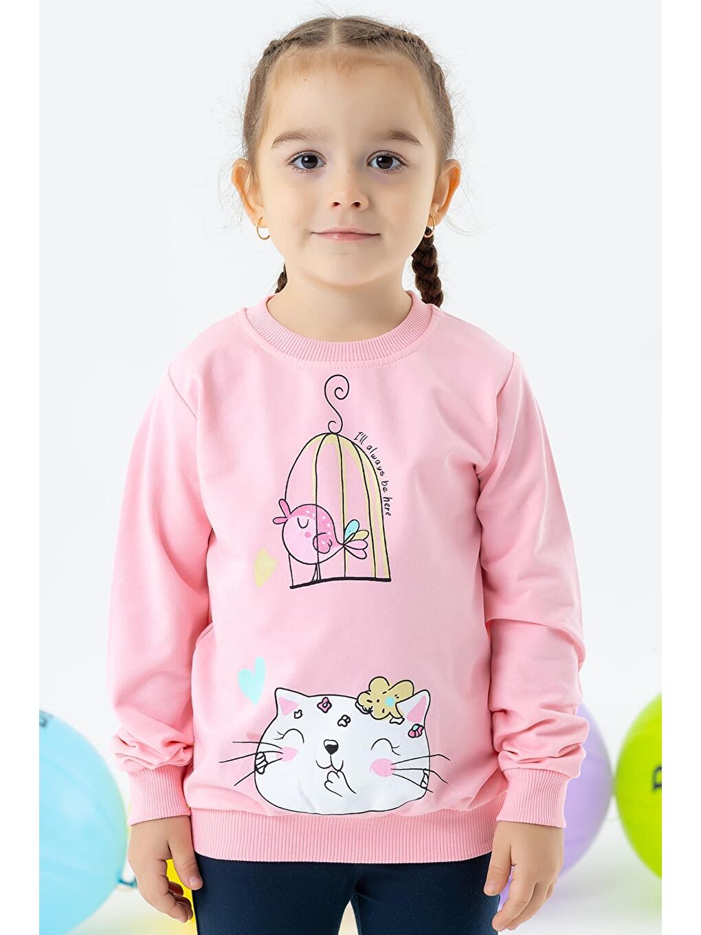 Breeze Pudra Pembe Kız Bebek Sweatshirt Simli Kedicik Baskılı Pudra (1.5-2 Yaş)