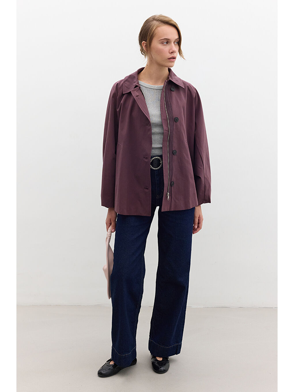 Pelerin Kol Kısa Trençkot Mürdüm-1