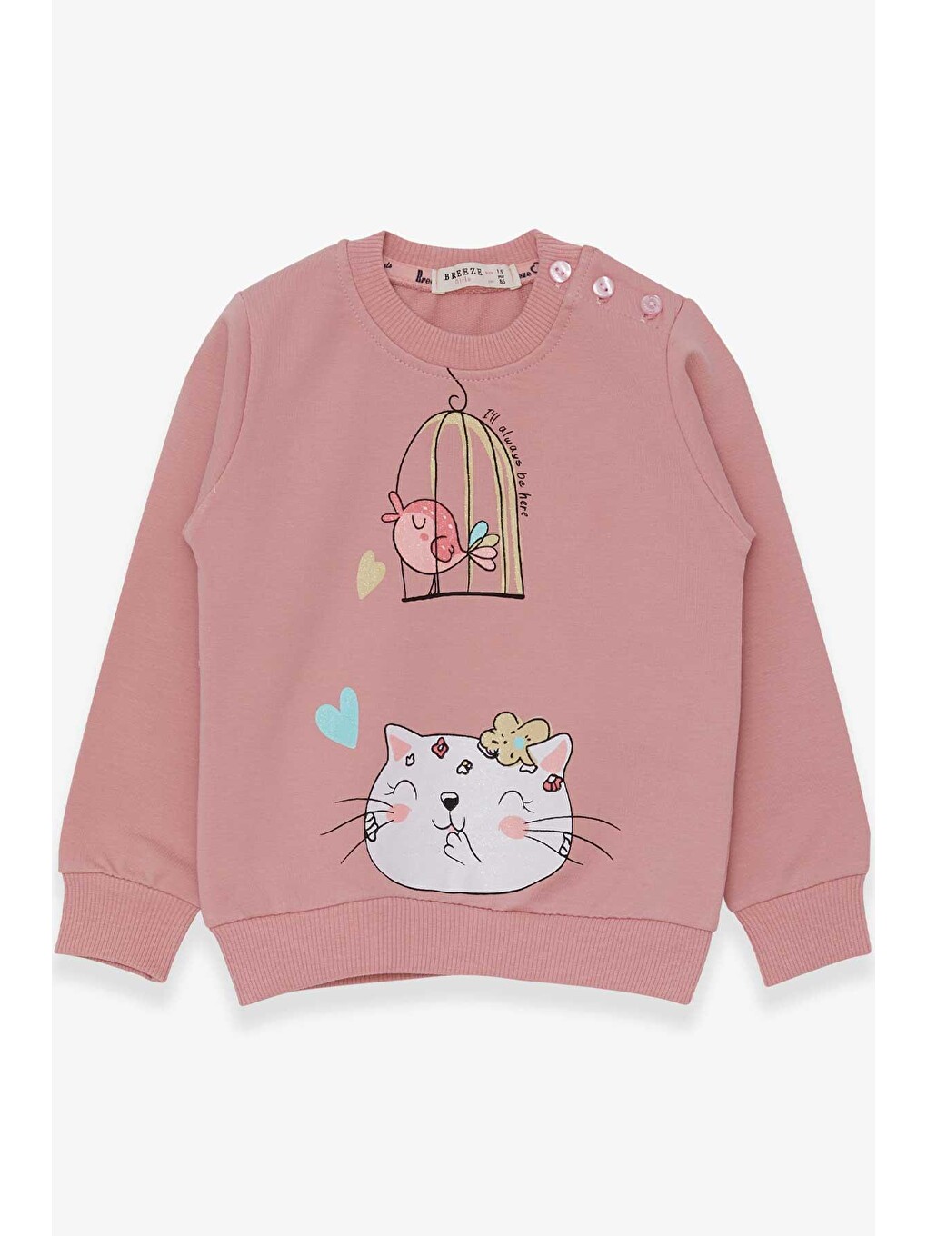 Pembe Kız Çocuk Sweatshirt Simli Kedicik Baskılı Gülkurusu (1.5-5 Yaş)