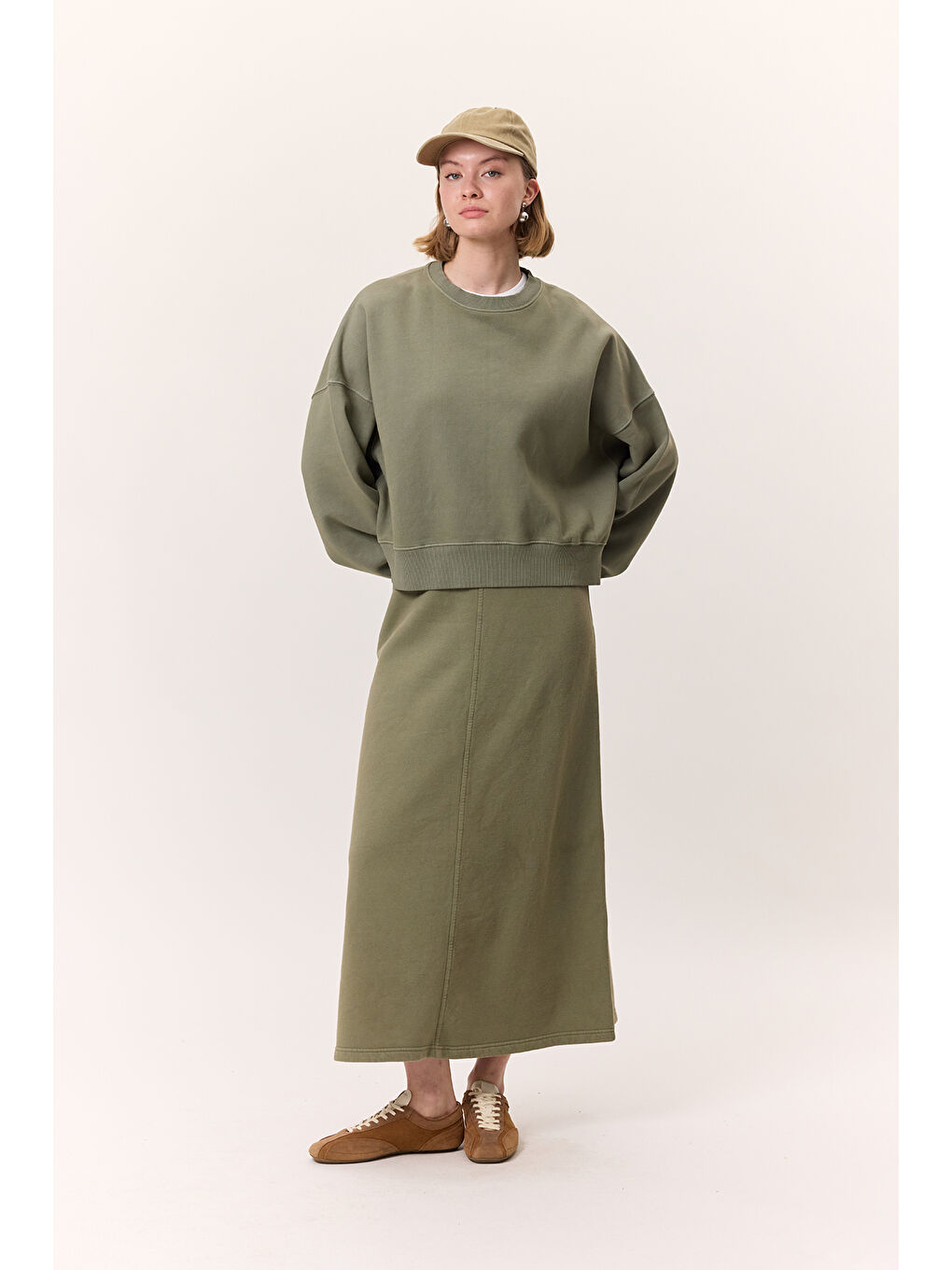 Yıkama Efektli Çan Etek Yeşil-1