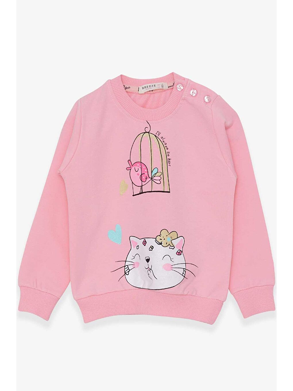 Breeze Pudra Pembe Kız Bebek Sweatshirt Simli Kedicik Baskılı Pudra (1.5-2 Yaş) - 2