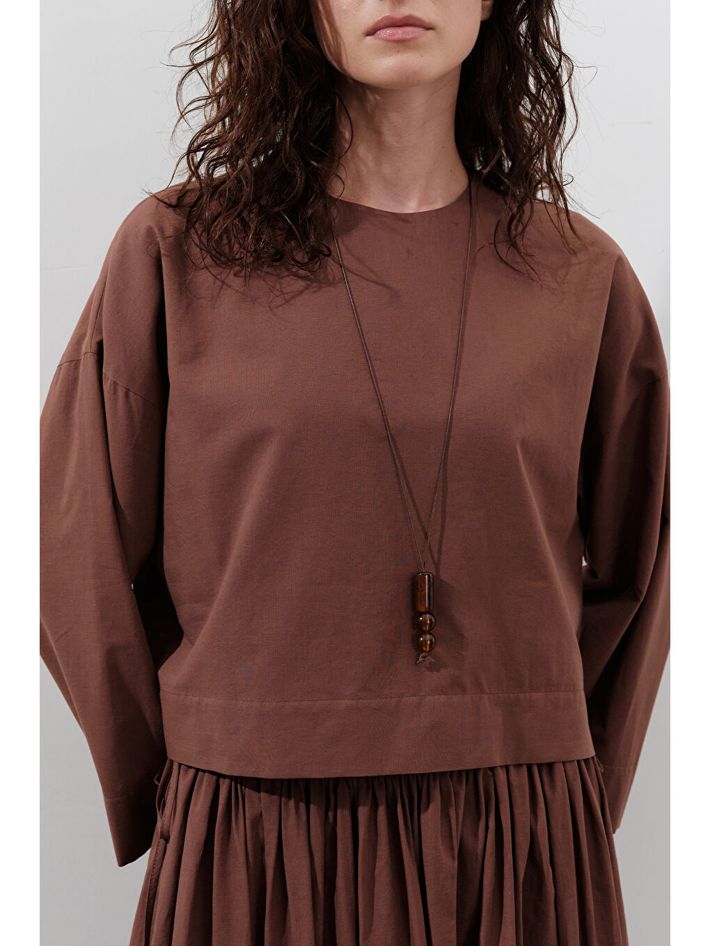 Kahverengi Pamuklu Crop Uzun Kol Bluz Sıcak Kahve-4