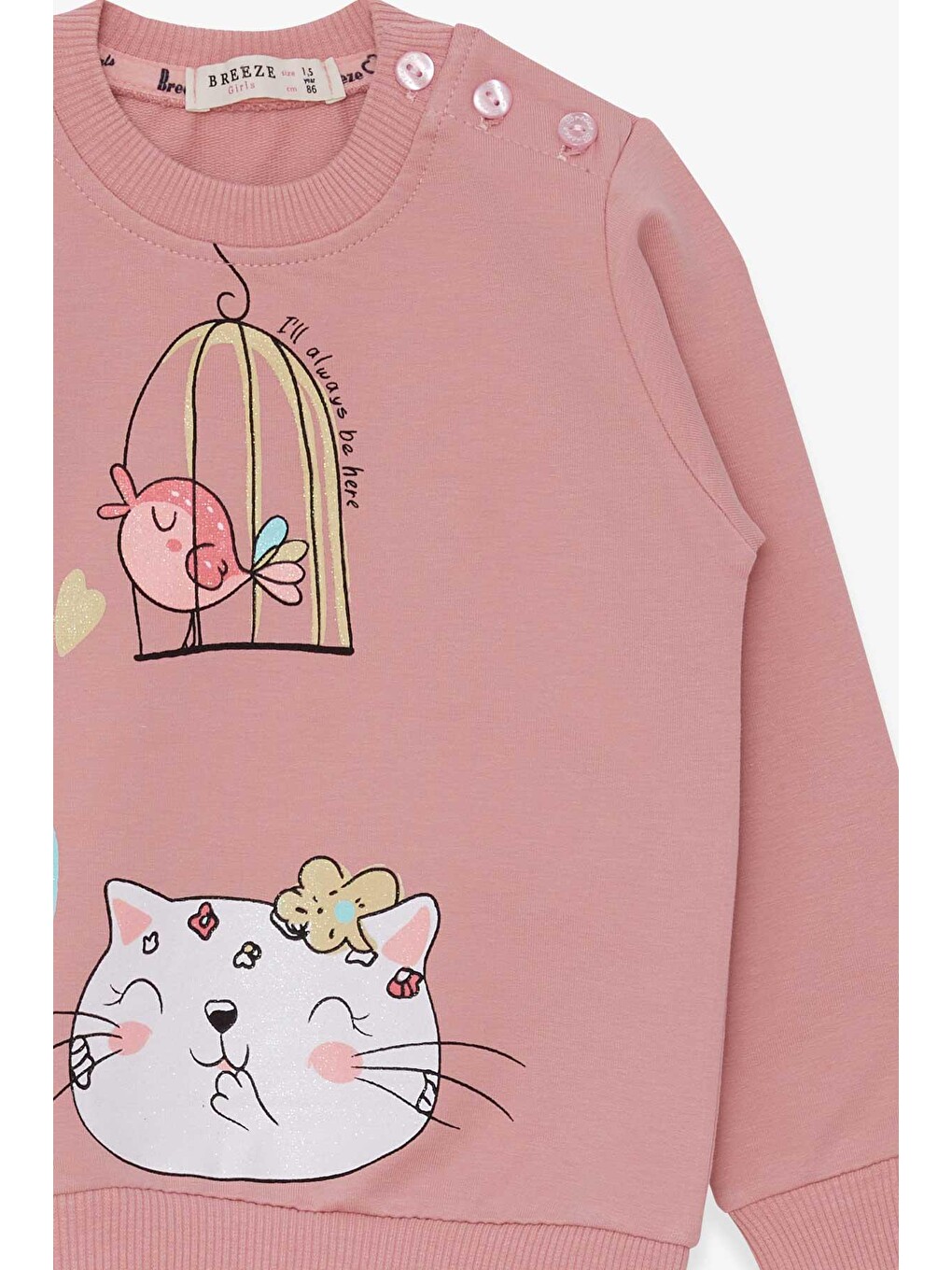 Pembe Kız Çocuk Sweatshirt Simli Kedicik Baskılı Gülkurusu (1.5-5 Yaş)-2