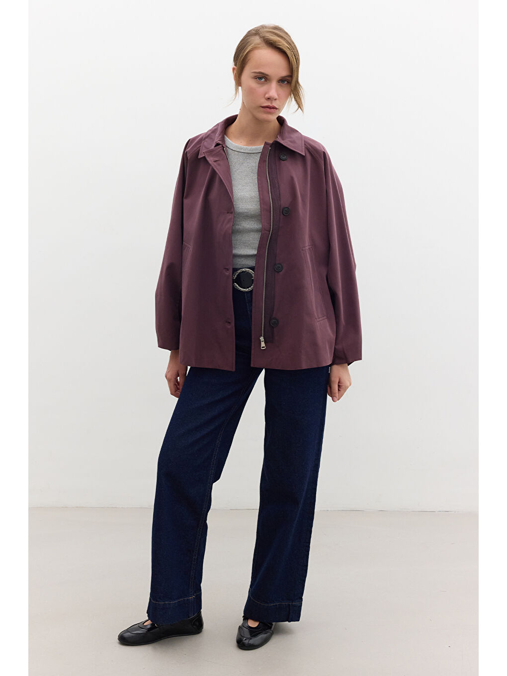 Pelerin Kol Kısa Trençkot Mürdüm-3