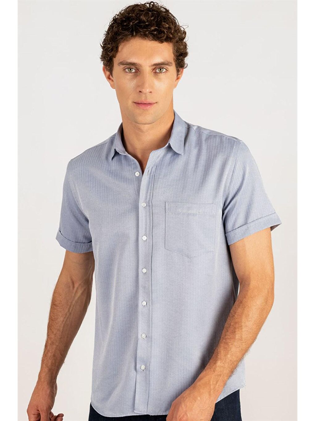 Lacivert Klasik Fıt Kısa Kol Armürlü Kravatlık Erkek Gömlek