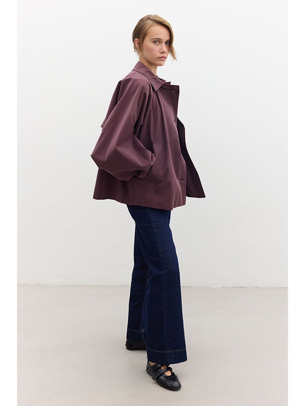 Pelerin Kol Kısa Trençkot Mürdüm-4