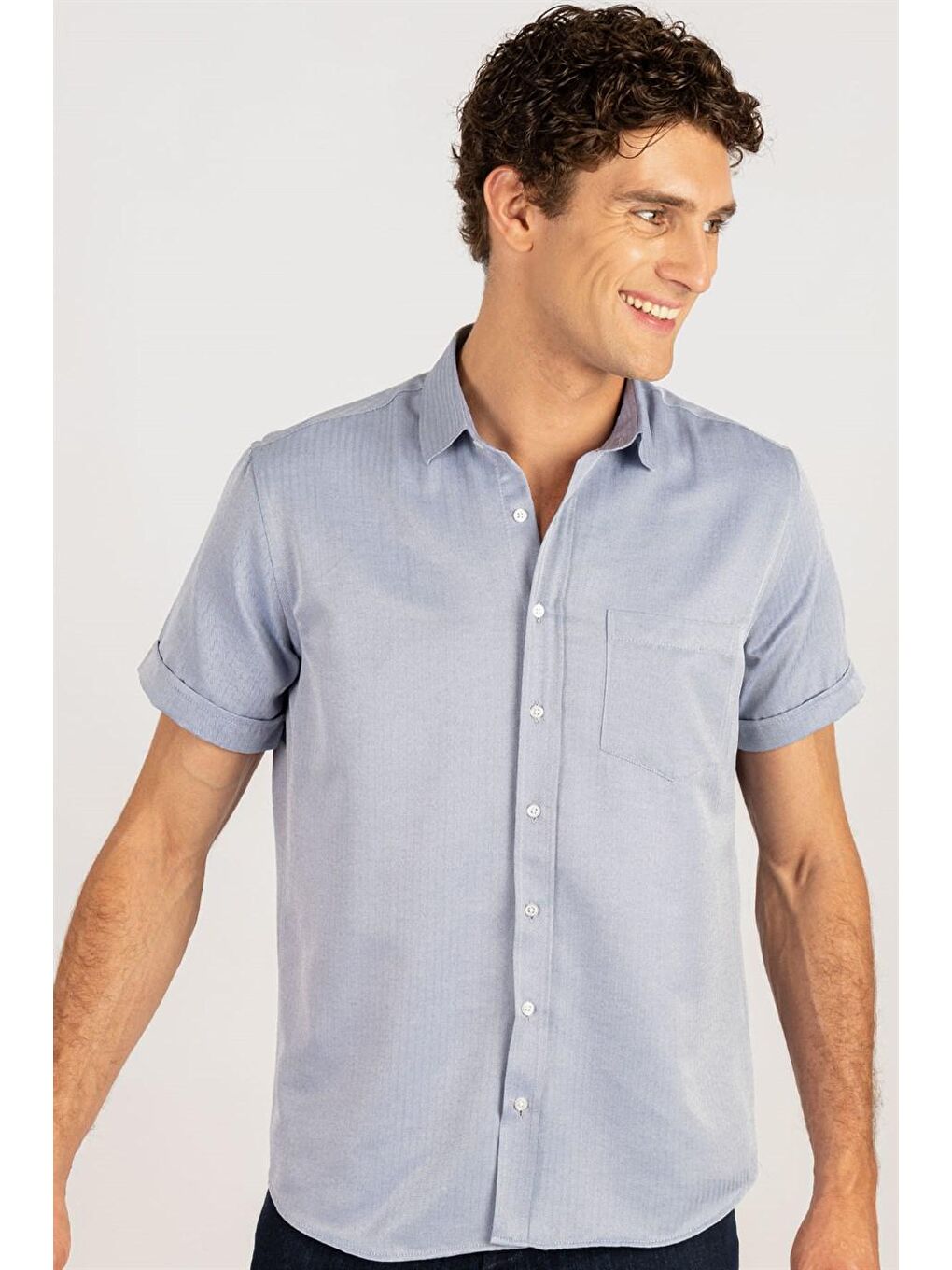 Lacivert Klasik Fıt Kısa Kol Armürlü Kravatlık Erkek Gömlek-1