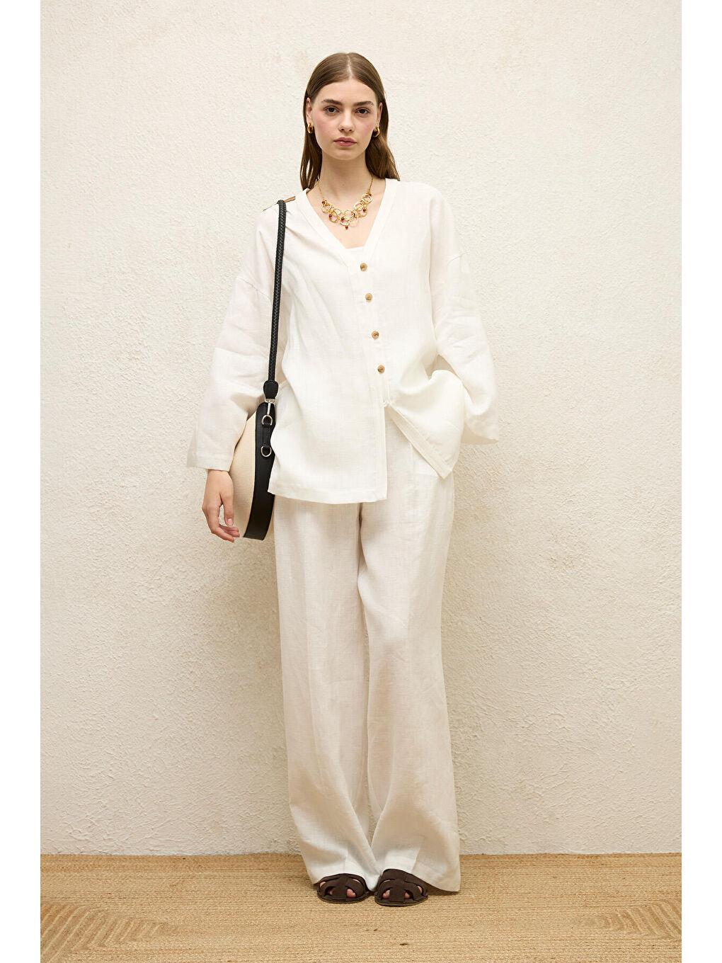 Düğmeli Keten Gömlek Ekru-1