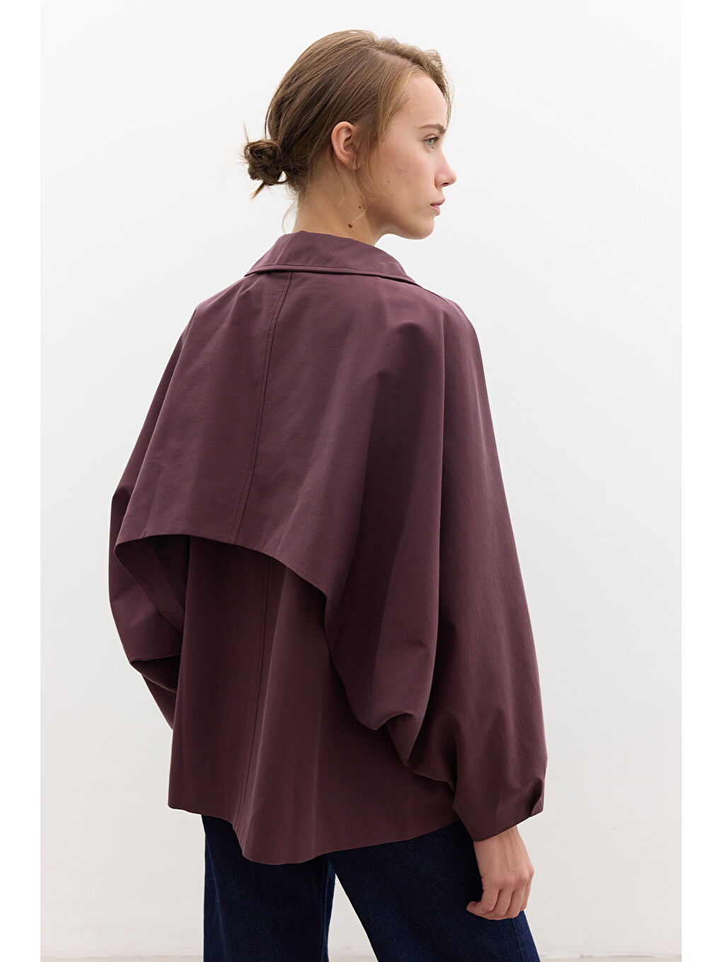 Pelerin Kol Kısa Trençkot Mürdüm-5