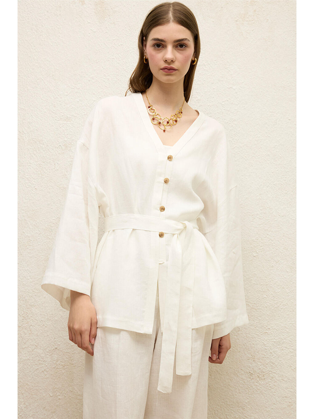 Düğmeli Keten Gömlek Ekru-2