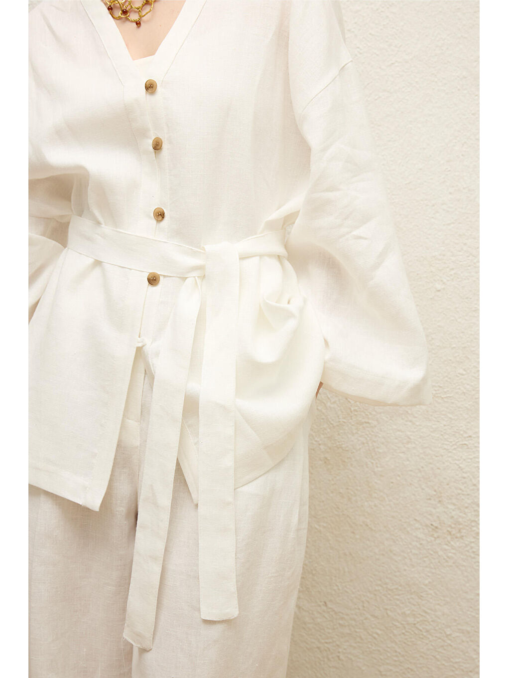 Düğmeli Keten Gömlek Ekru-3