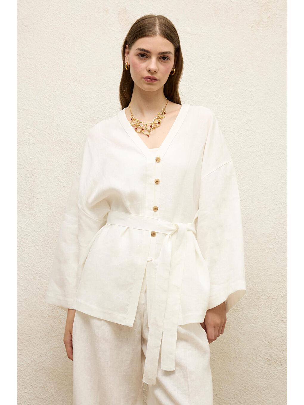 Düğmeli Keten Gömlek Ekru-5