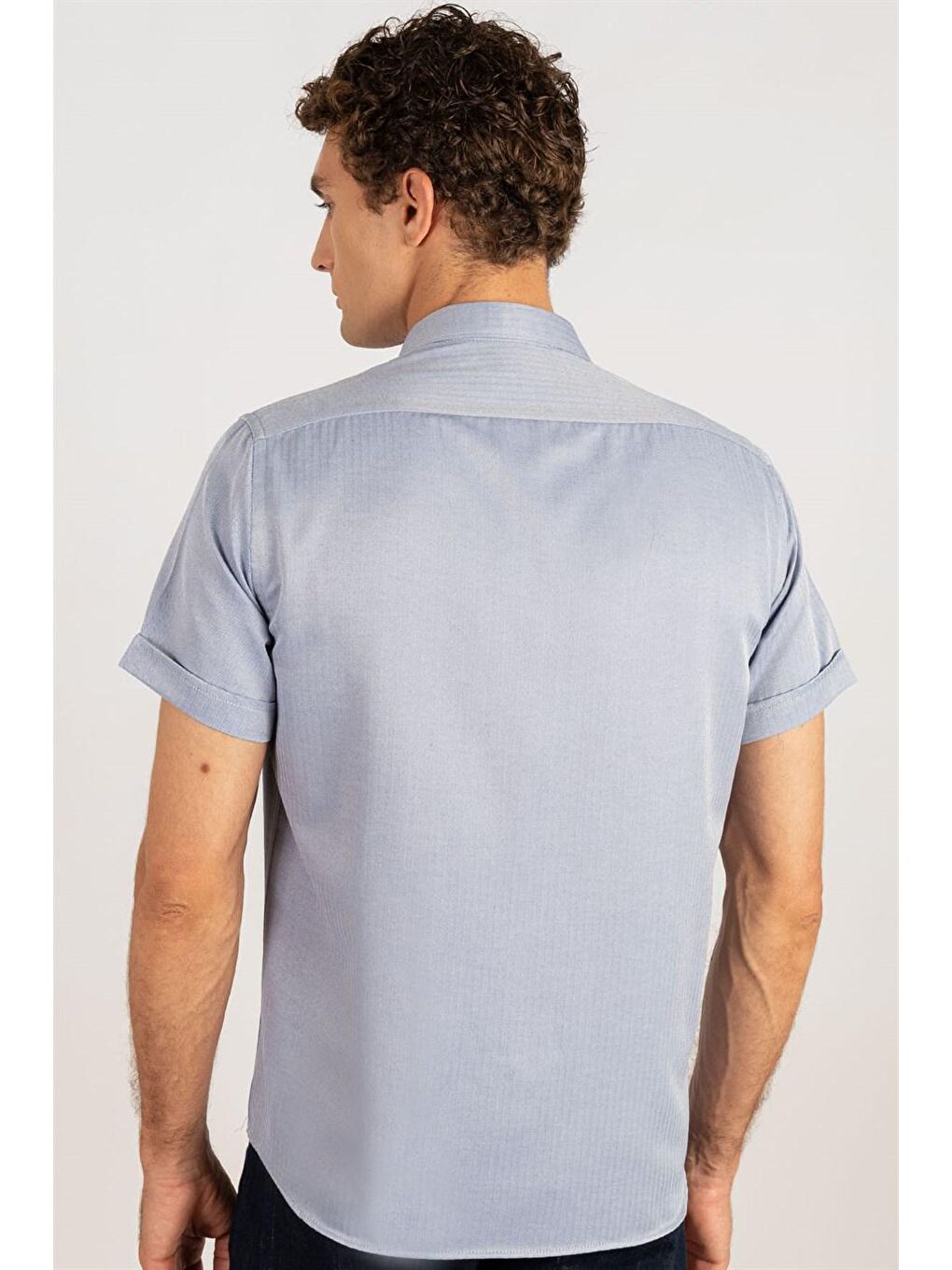 Lacivert Klasik Fıt Kısa Kol Armürlü Kravatlık Erkek Gömlek-3