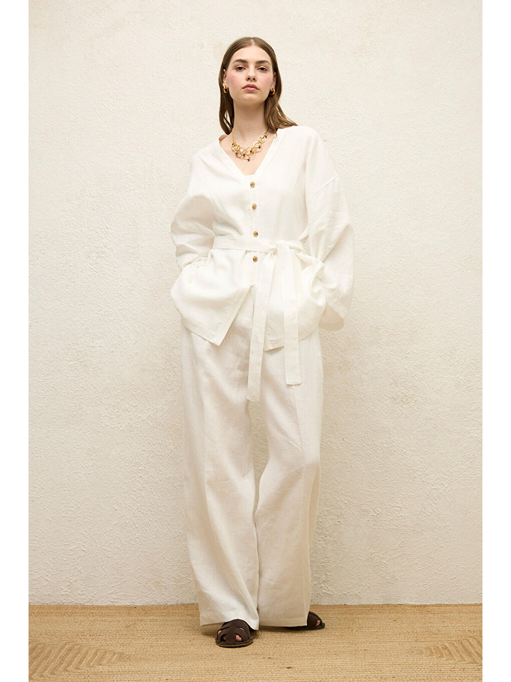 Düğmeli Keten Gömlek Ekru-6