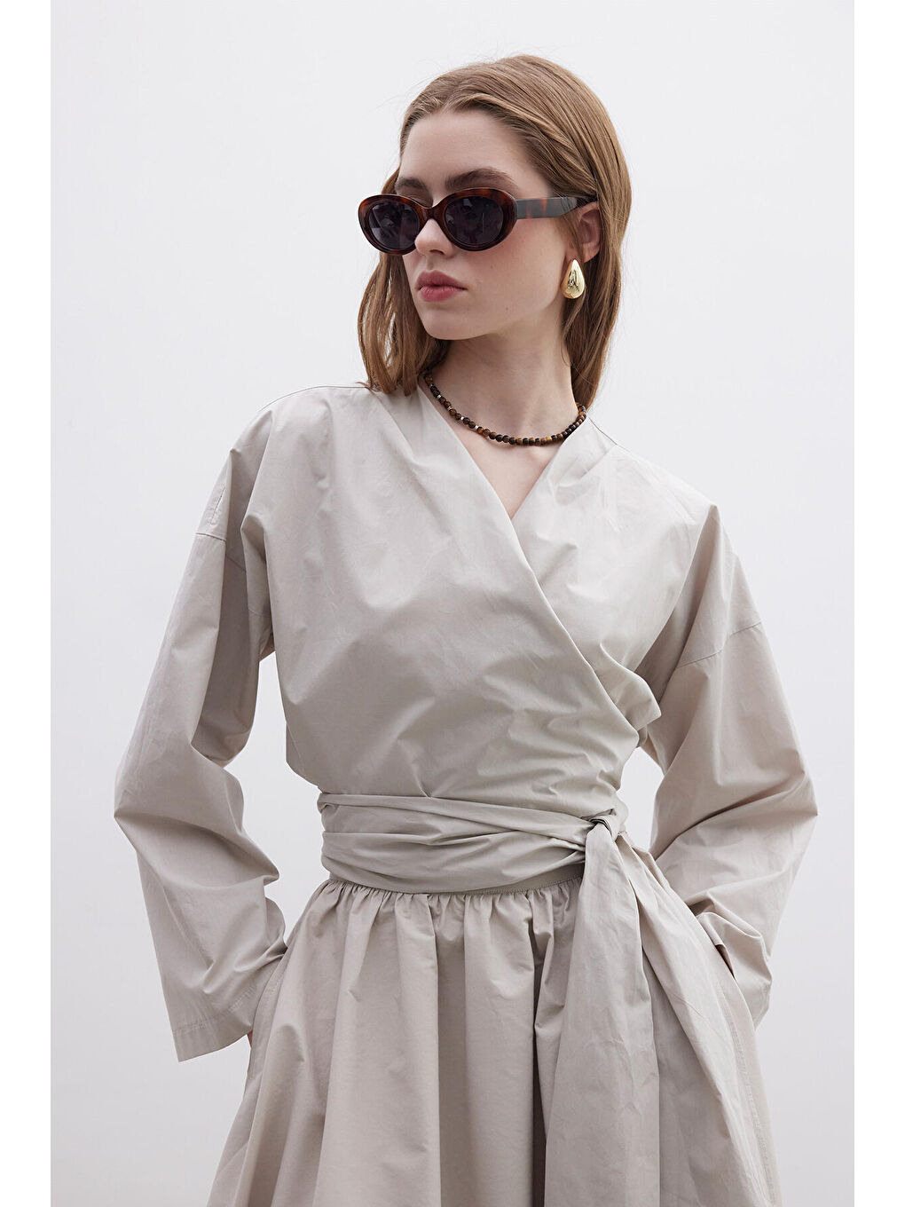 Bej Kimono Tarz Premium Bluz Taş