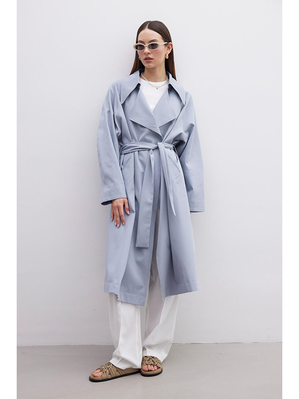 Oversize Geniş Yaka Trençkot İndigo