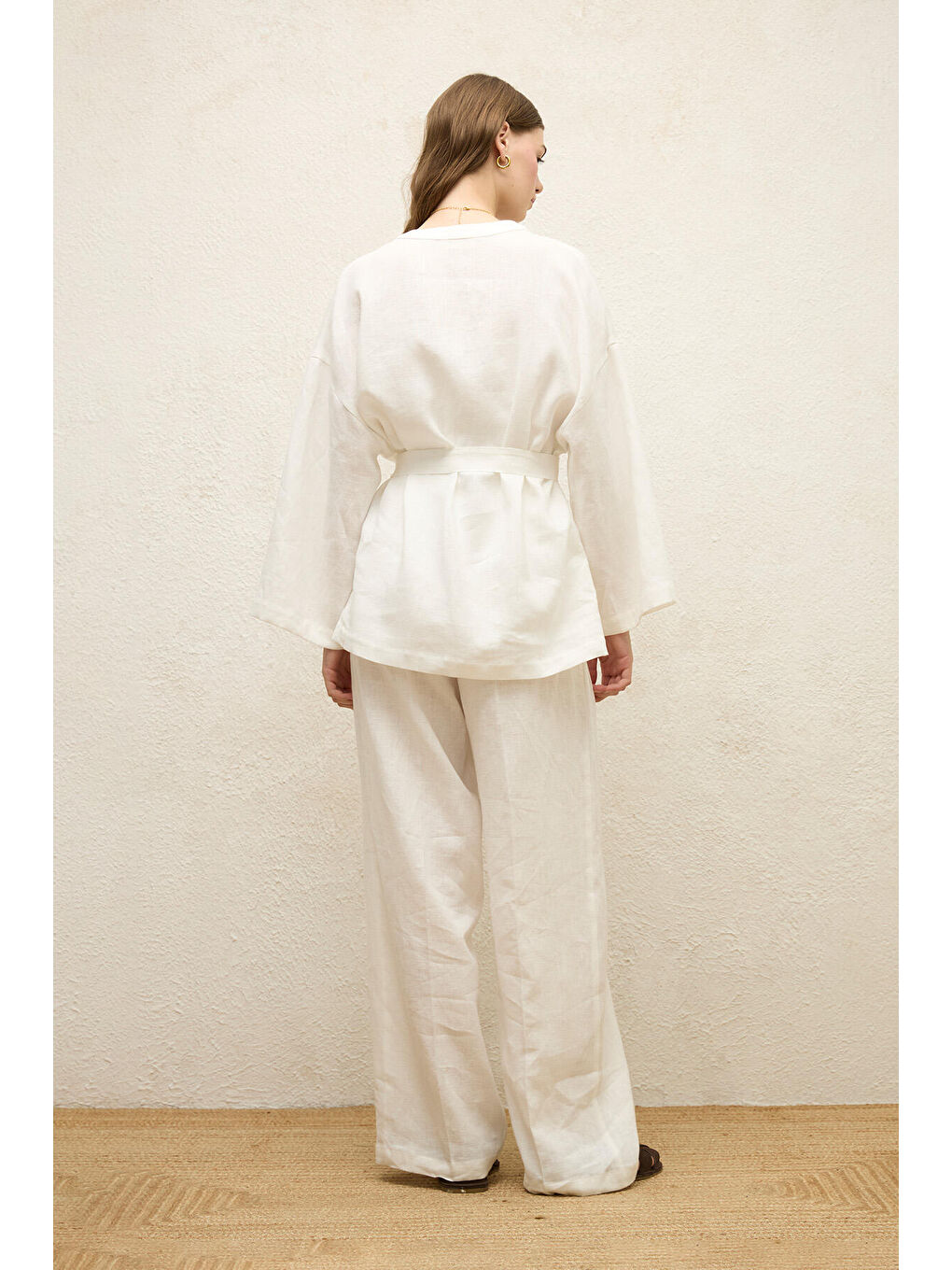 Düğmeli Keten Gömlek Ekru-7