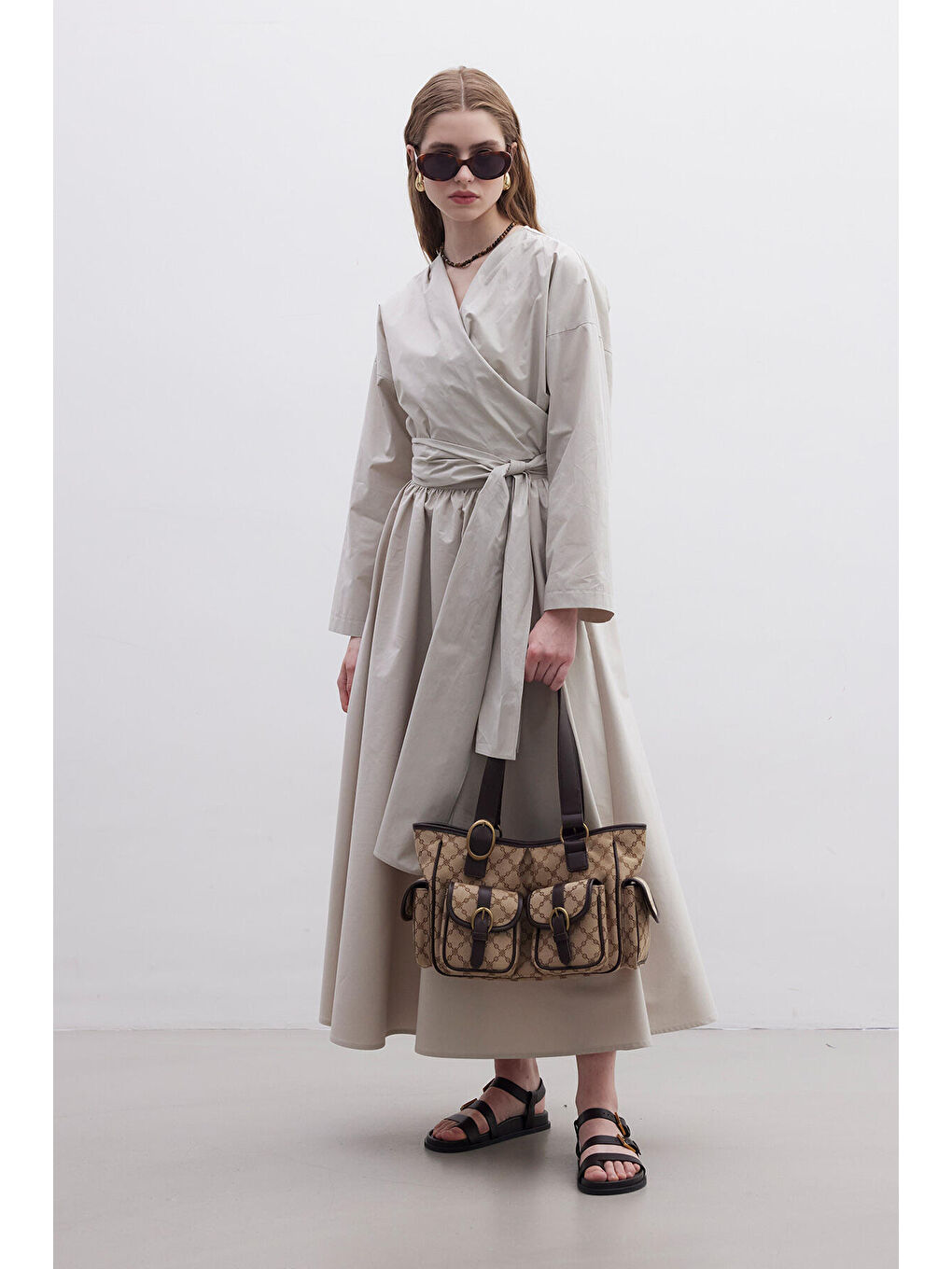 Bej Kimono Tarz Premium Bluz Taş-1