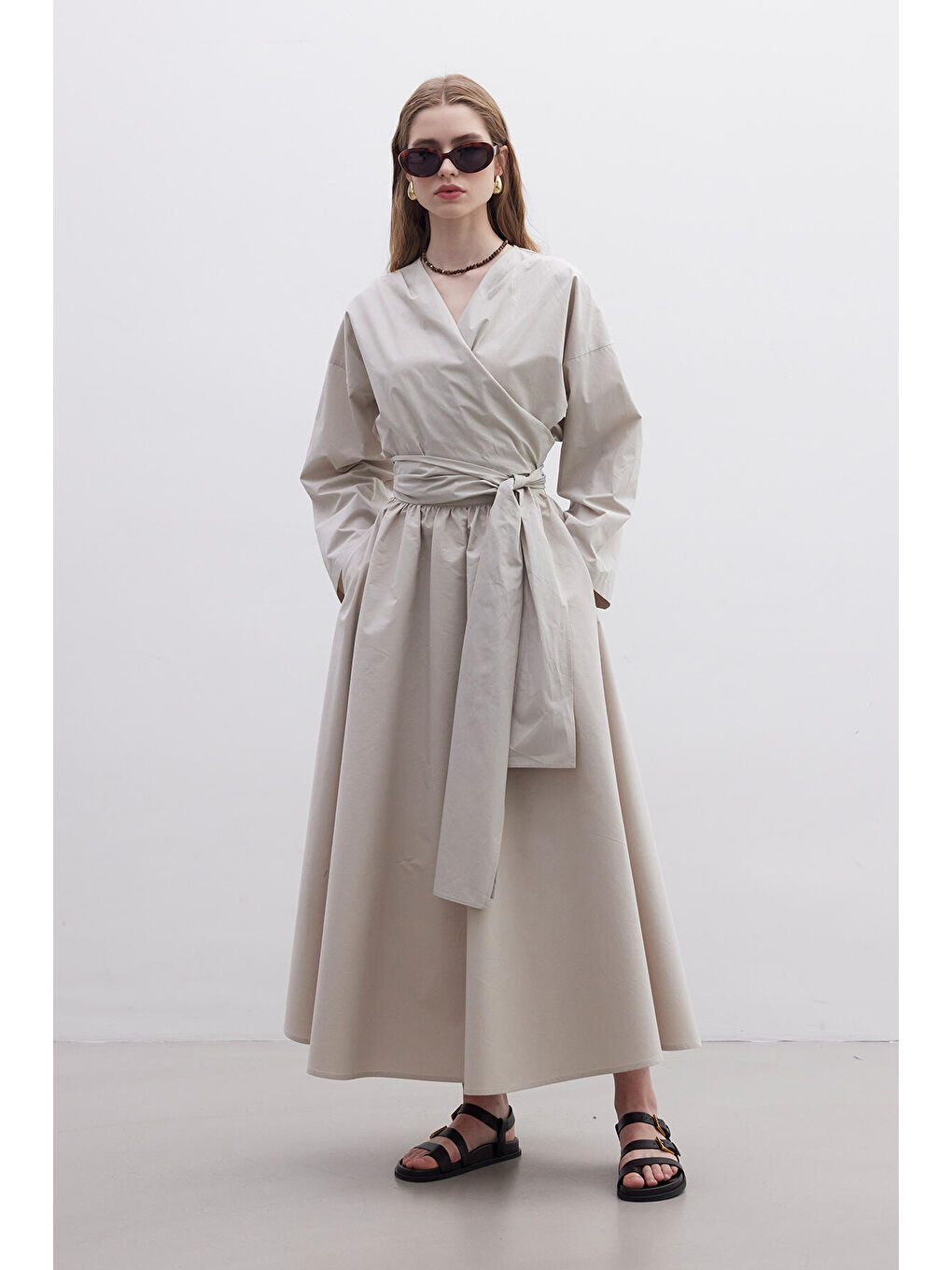 Bej Kimono Tarz Premium Bluz Taş-2