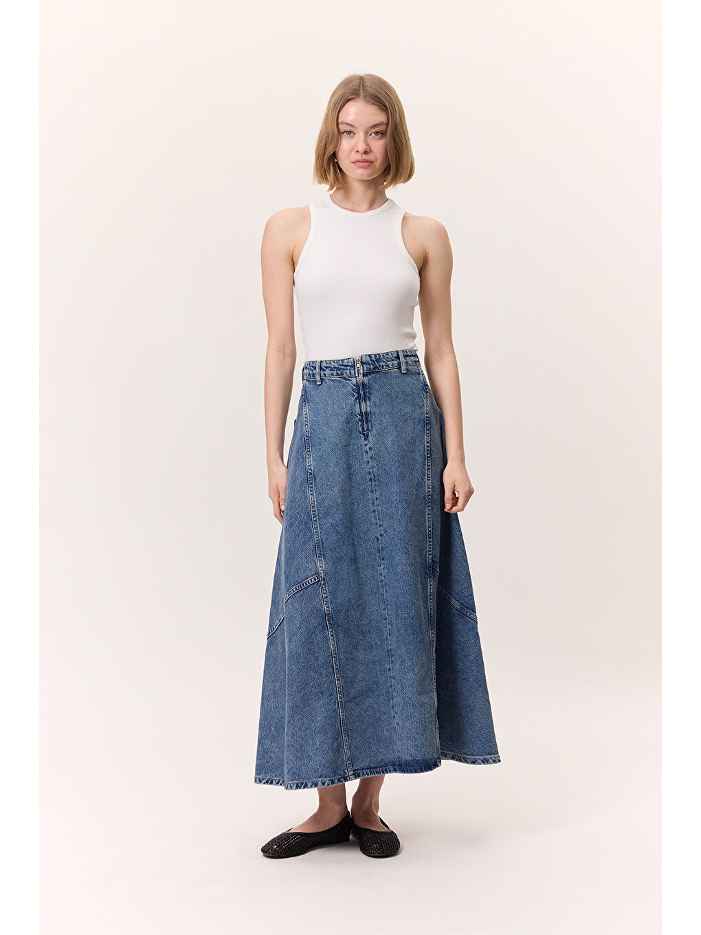 Volanlı Denim Etek Mavi