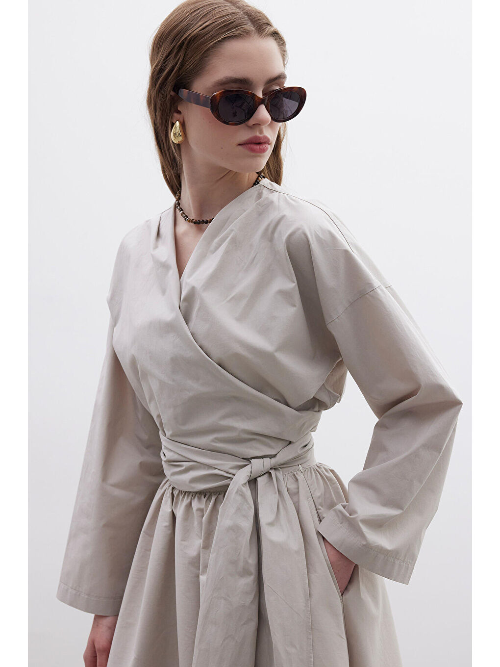 Bej Kimono Tarz Premium Bluz Taş-3