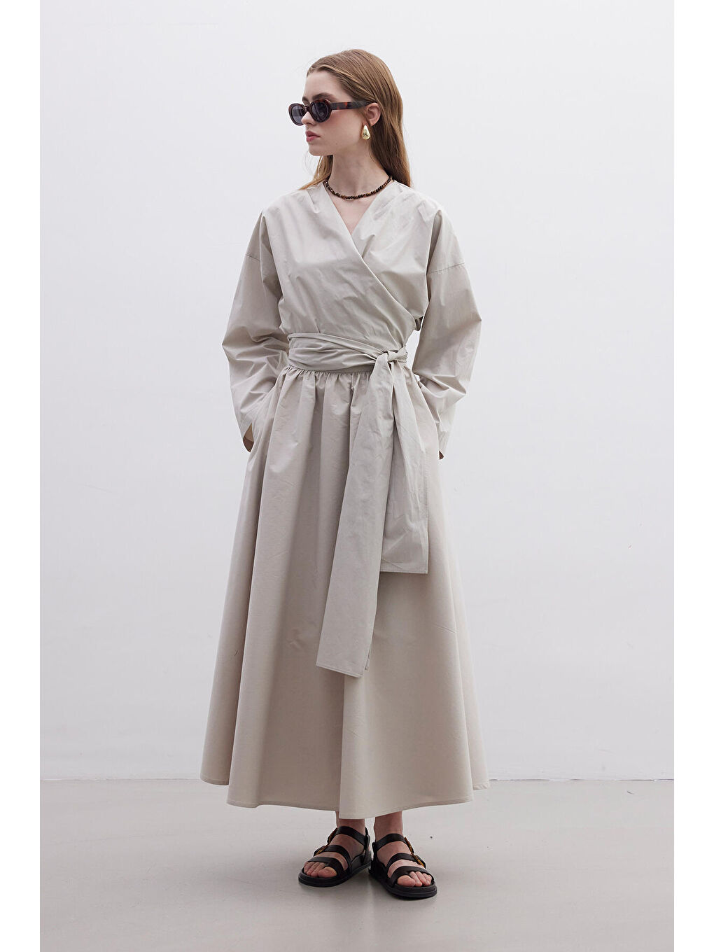 Bej Kimono Tarz Premium Bluz Taş-5